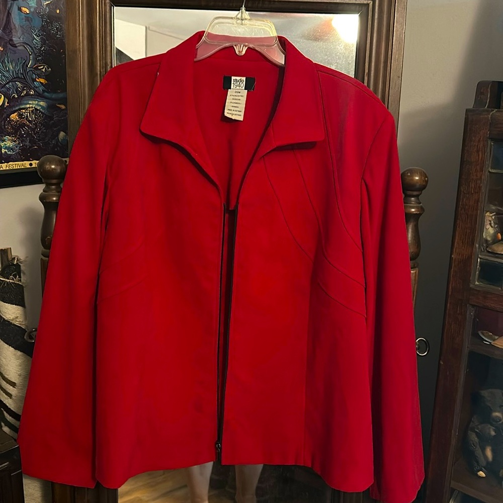 Red faux suede jacket.